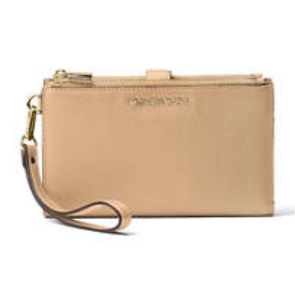 Michael Kors Jet Set Travel Double Zip Leather Wristlet Wallet Butternut - Picture 2 of 10
